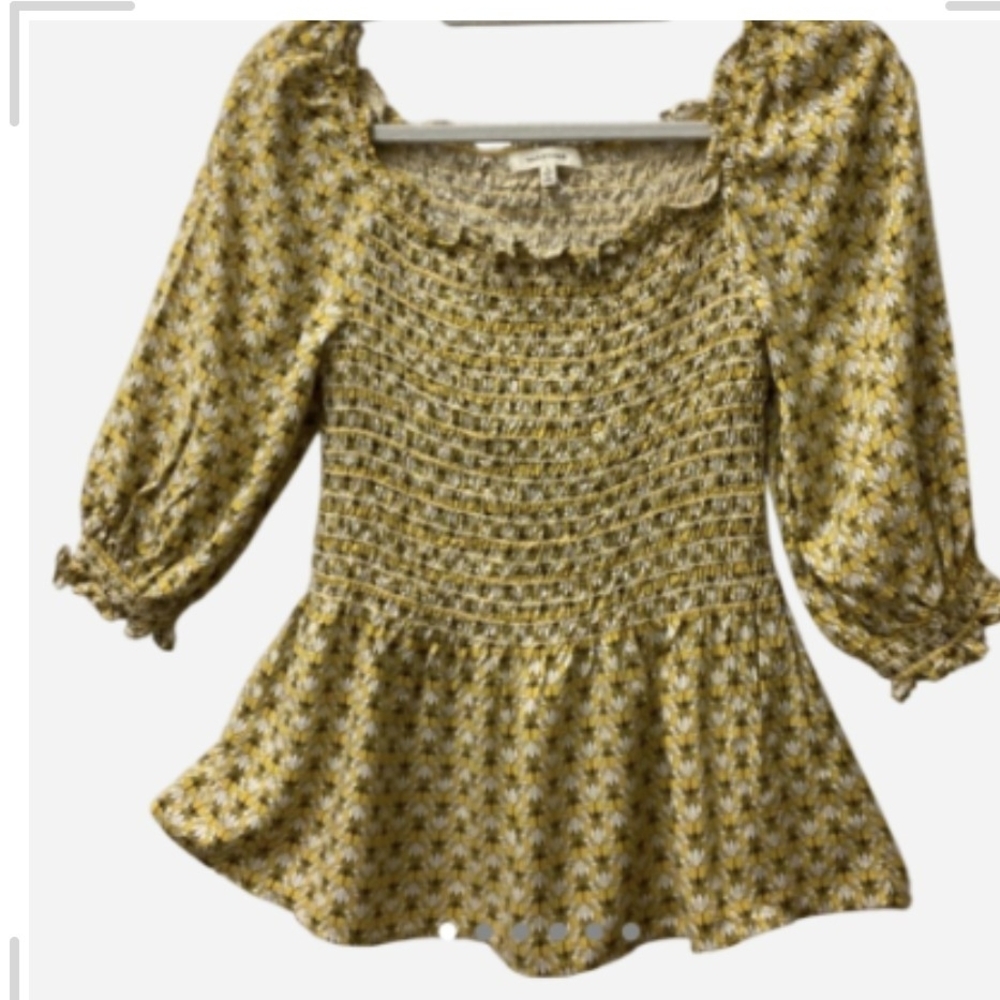 Pre-owned Max Studio Yellow Floral Smocked Blouse